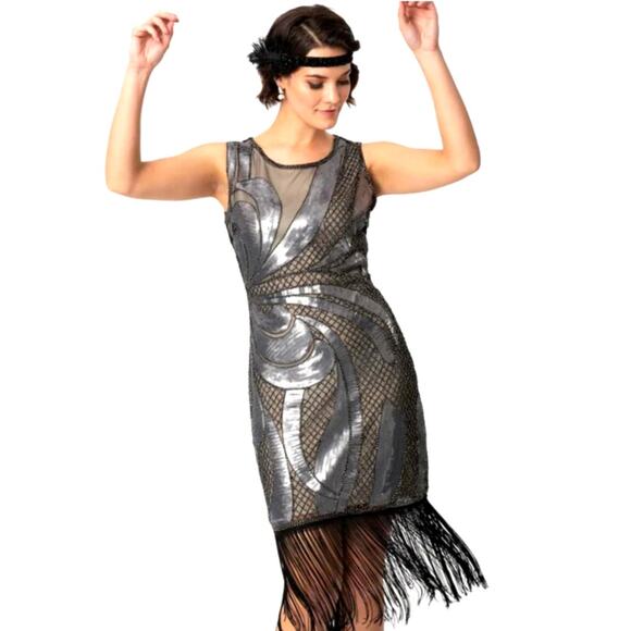 Unique Vintage 20s Silver Sequin Black Fringe Flapper Gatsby Costume Dress L NWT - Picture 1 of 5